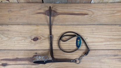 MOUSM Genuine Cow Hide Leather Tie Down Noseband with Leather Strap for Horse - Decorated with Brown Metallic Acid Wash Natural Hair On Cowhide and Rhinestone Conchos, 1 Meter Strap Length and 6/8&quot; Inches width