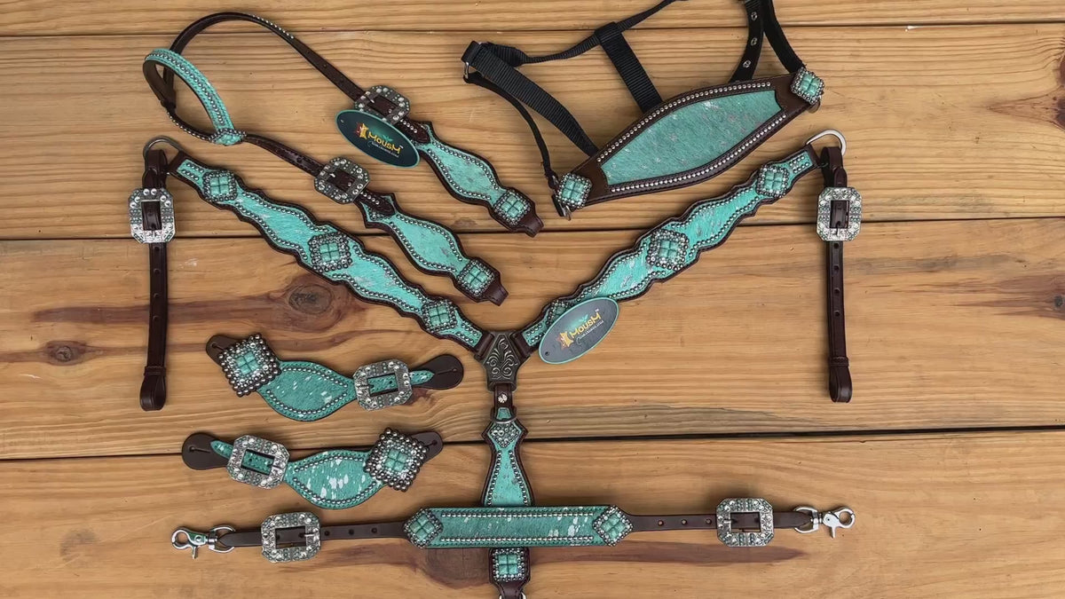 MOUSM Western Horse Tack Set - Made from Argentina Cow Leather Turquoise-Silver Metallic Acid Wash Cowhide Look with Rhinestones Conchos, Antique Nickel Hardware
