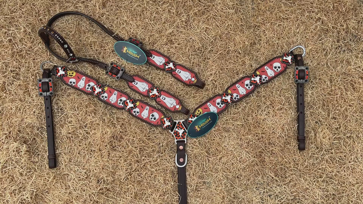 western headstall and breast collar set with spooky ghosts, skulls, and bats, perfect for halloween parties.