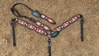 MOUSM Spooky Halloween Western Headstall &amp; Breast Collar Set – Made from Argentina Cow Leather with Ghost &amp; Skull Print, Decorated with Dazzling Rhinestone Conchos