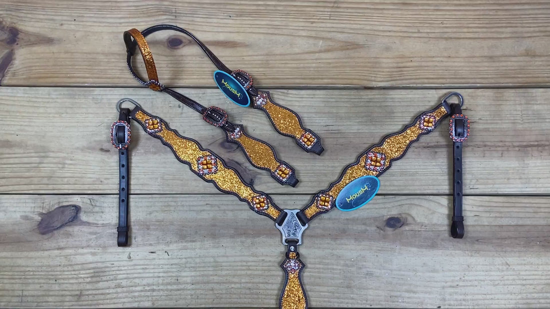 Orange Glitter Western Headstall Tack Set with Silver Studs