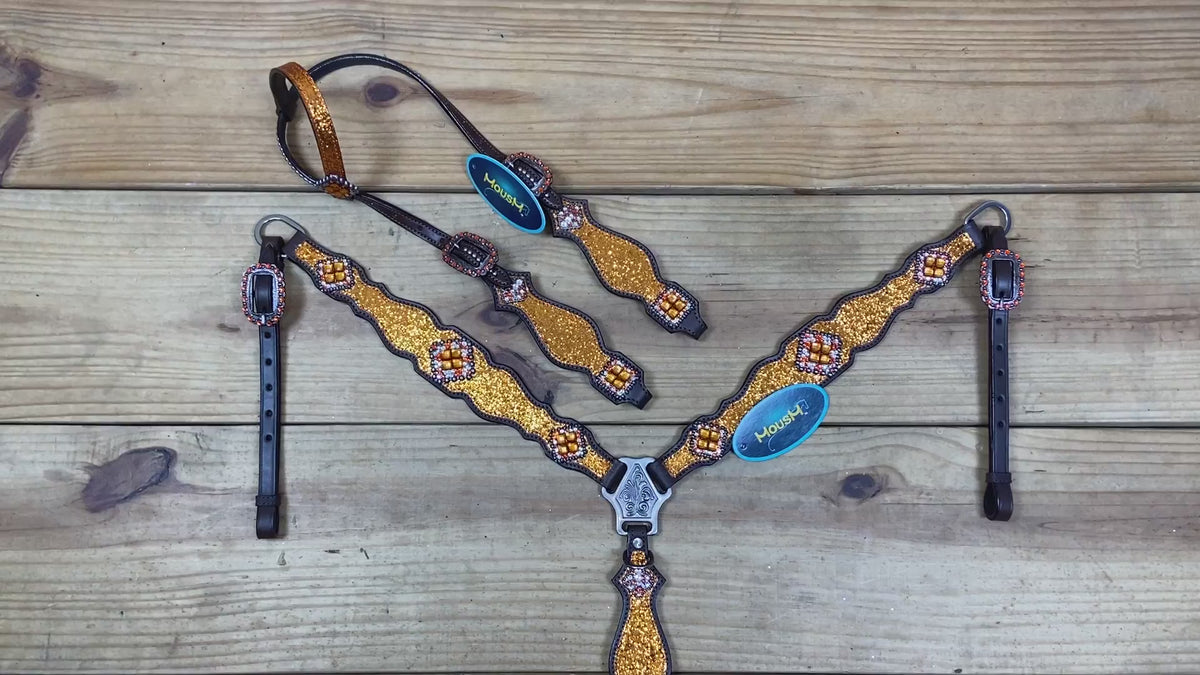 Orange Glitter Western Headstall Tack Set with Silver Studs