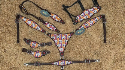 halloween western horse headstall tack set, laughing pumpkins and striped purple-orange design