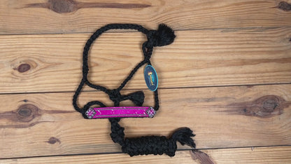 MOUSM Mule Halter for Horse – Decorated with Pink Acid Wash Hair on Cowhide Leather Noseband and Crystal Rhinestone Concho, 7.5&