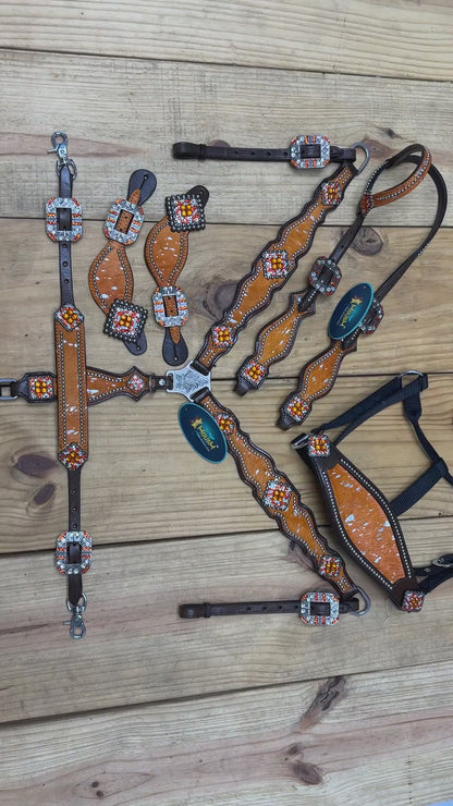 MOUSM Western Headstall and Breast Collar Tack Set – Argentina Cow Leather Western Bridles and Headstalls Decorated with Orange-Silver Metallic Acid Wash Cowhide Look Finish