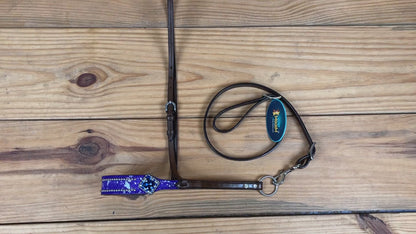 MOUSM Genuine Cow Hide Leather Tie Down Noseband with Leather Strap for Horse - Decorated with Purple Metallic Acid Wash Natural Hair On Cowhide and Rhinestone Conchos, 1 Meter Strap Length and 6/8&quot; Inches width