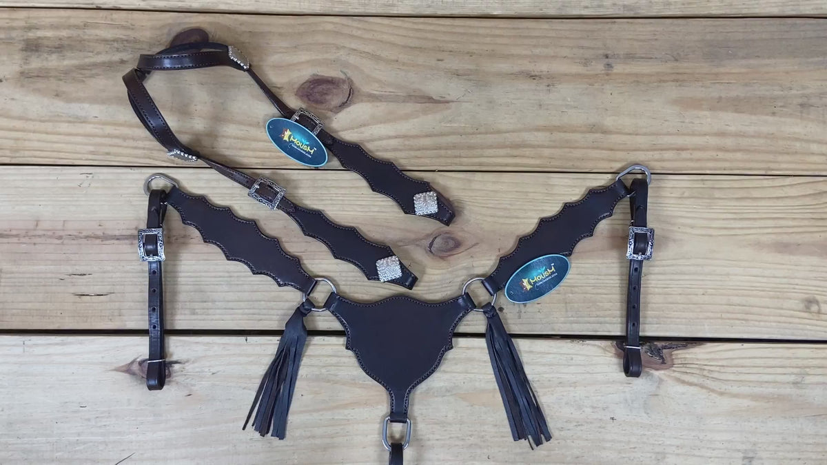 Smooth Brown Leather and Strings Two Ear Headstall Breast Collar