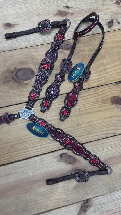 MOUSM Breast Collar and Headstall Set – Western Headstall Tack Argentina Cow Leather with Red &amp; Black Rhinestone Detailing on Metallic Red Snake Texture