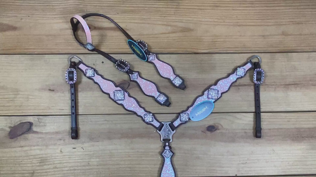 Light Pink Glitter Headstall Tack Set with Bling Rhinestone Conchos