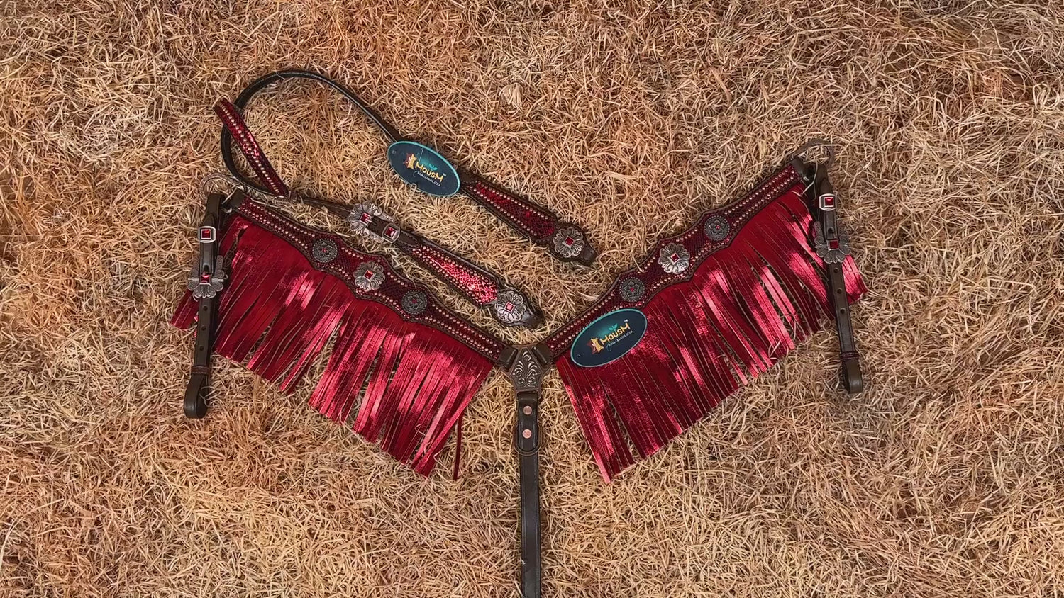 MOUSM Argentina Cow Leather Headstall &amp; Breast Collar Set – Western Horse Tack with Red Metallic Snake Print and Fringe, Antique Brass Hardware