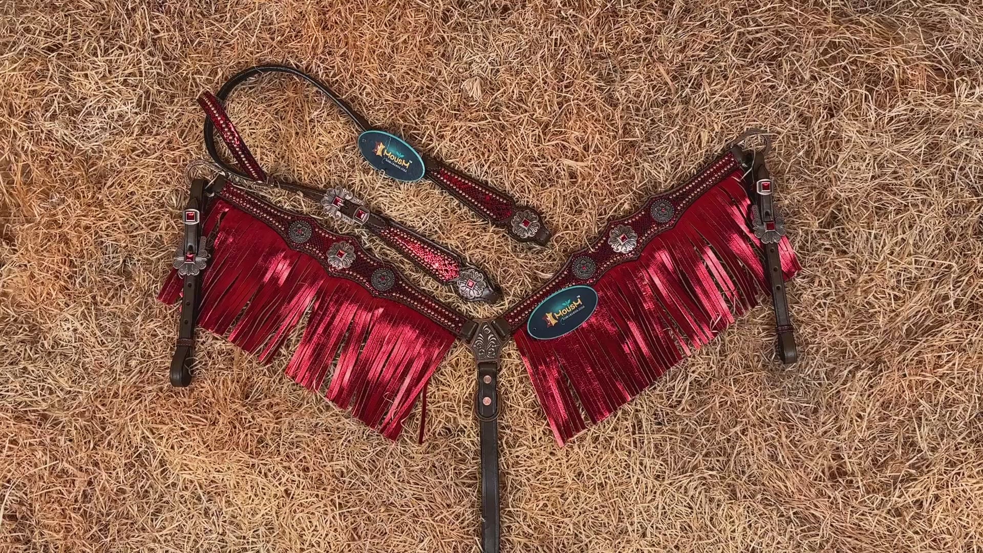 MOUSM Argentina Cow Leather Headstall &amp; Breast Collar Set – Western Horse Tack with Red Metallic Snake Print and Fringe, Antique Brass Hardware