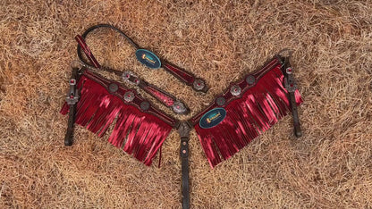 MOUSM Argentina Cow Leather Headstall &amp; Breast Collar Set – Western Horse Tack with Red Metallic Snake Print and Fringe, Antique Brass Hardware