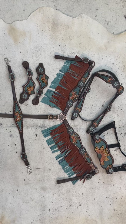 Tan Fringe &amp; Sunflower Carving Headstall &amp; Breast Collar Tack Set
