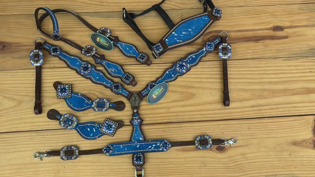 Blue Silver Metallic Acid Wash Cowhide Complete Headstall Set