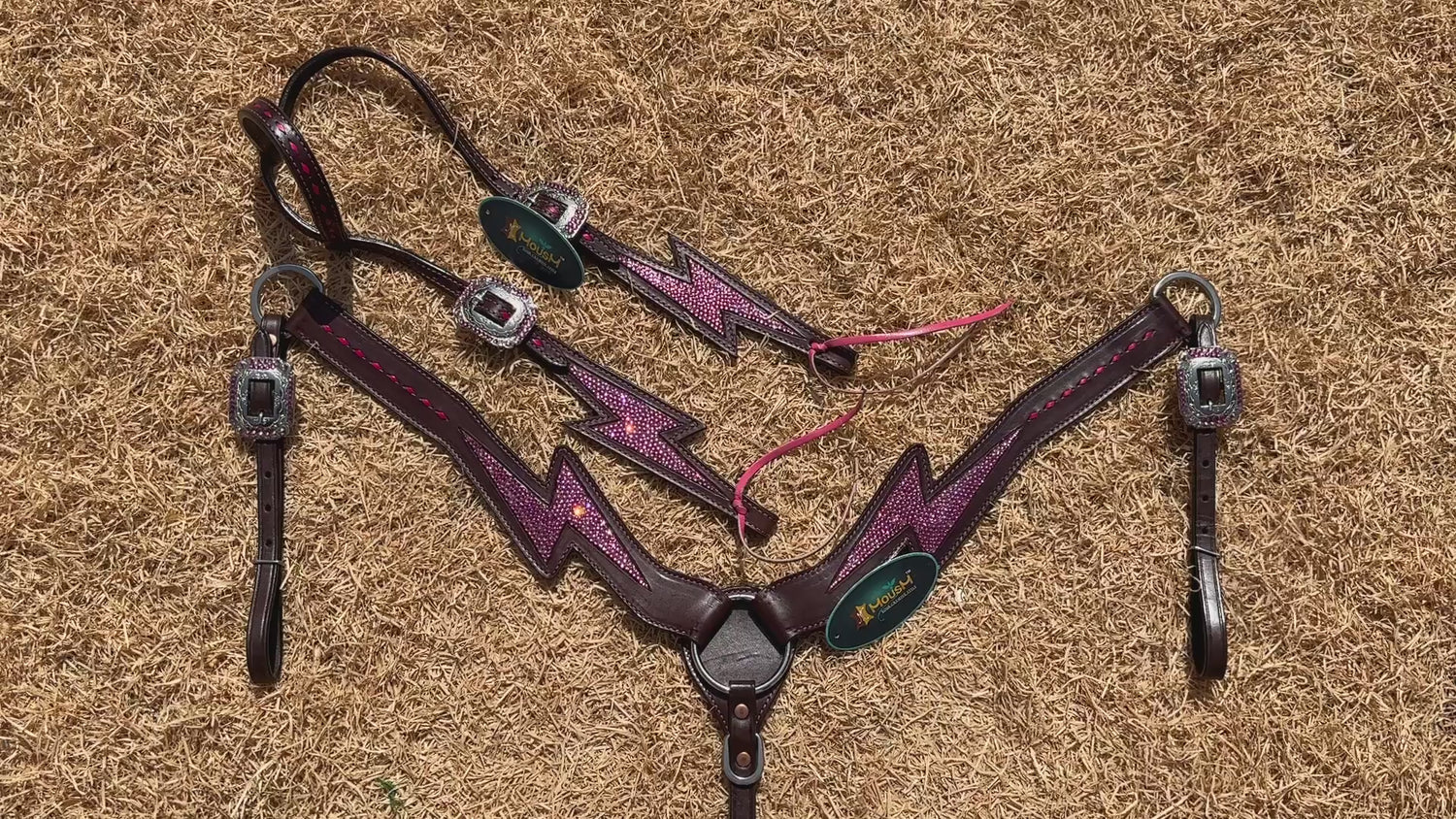 MOUSM Western Leather Headstall &amp; Breast Collar Set - Argentina Cow Leather Headstall Set Decorated with Pink Rhinestone Thunderbolt Design