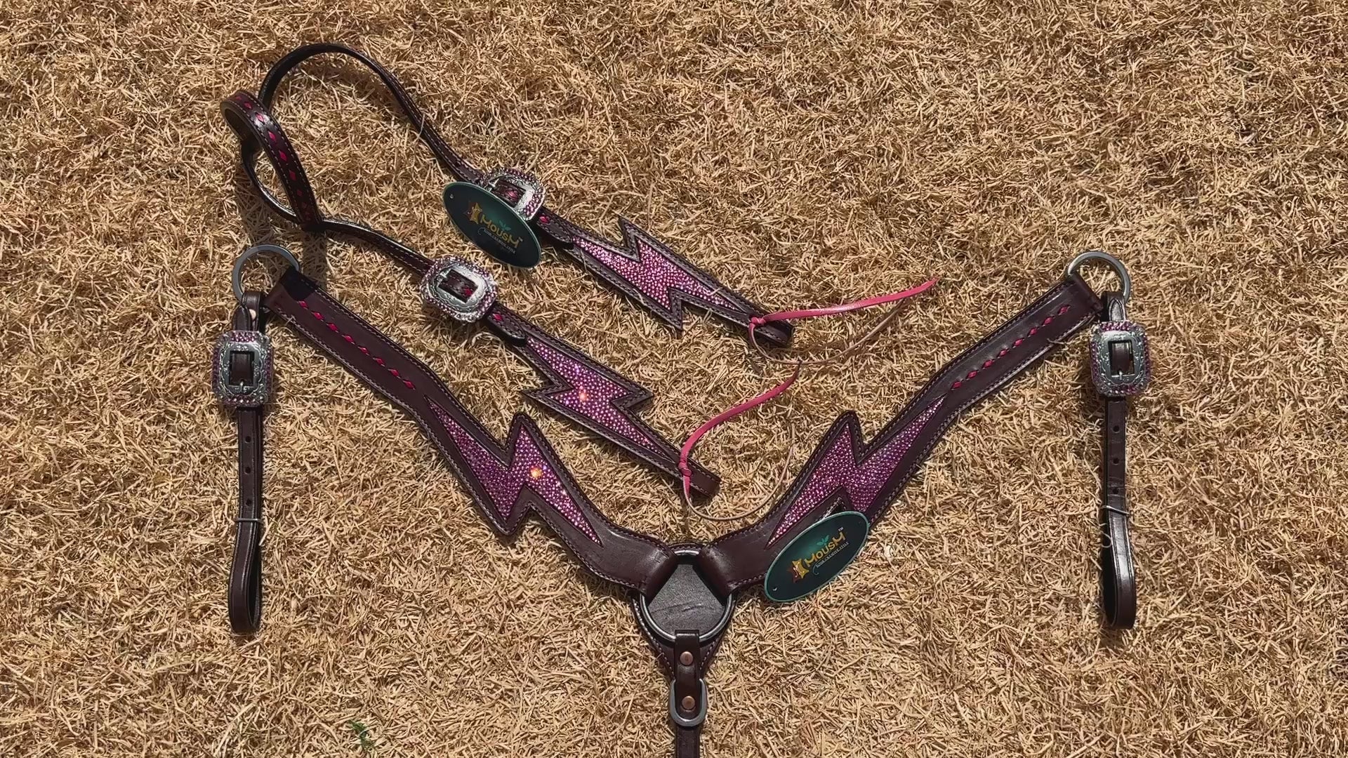 MOUSM Western Leather Headstall &amp; Breast Collar Set - Argentina Cow Leather Headstall Set Decorated with Pink Rhinestone Thunderbolt Design