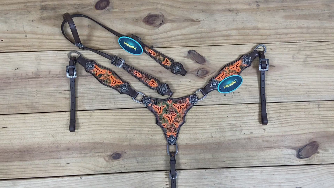 Western Leather Headstall and Breast Collar Set, Orange Steer Embossed Tack
