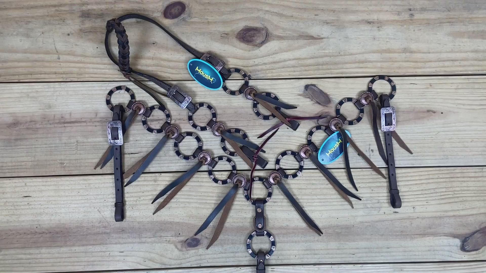 Western Leather Ring Headstall and Breast Collar Set with Two-Tone Rings and Raw Leather Fringe, Braided One Ear and Cheekpiece MOUSM