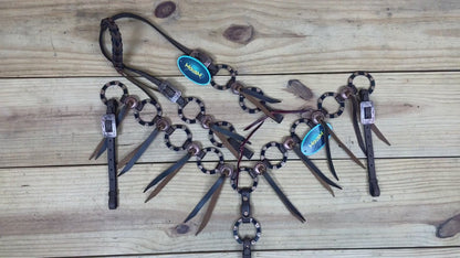 Western Leather Ring Headstall and Breast Collar Set with Two-Tone Rings and Raw Leather Fringe, Braided One Ear and Cheekpiece MOUSM