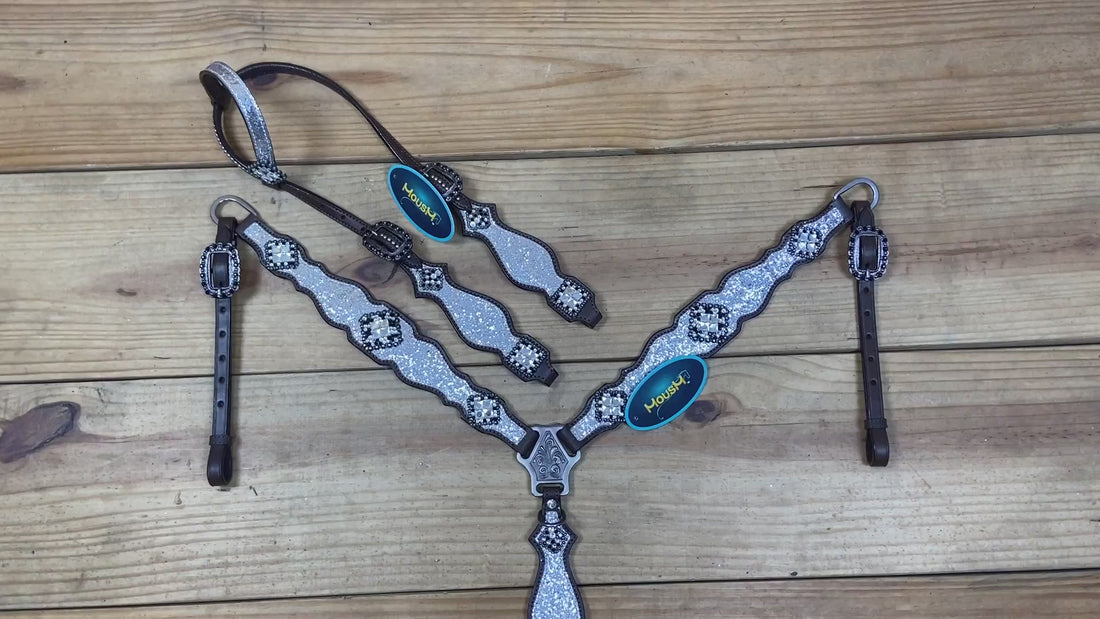 Silver Glitter Western Horse Tack with Bling Rhinestone Conchos