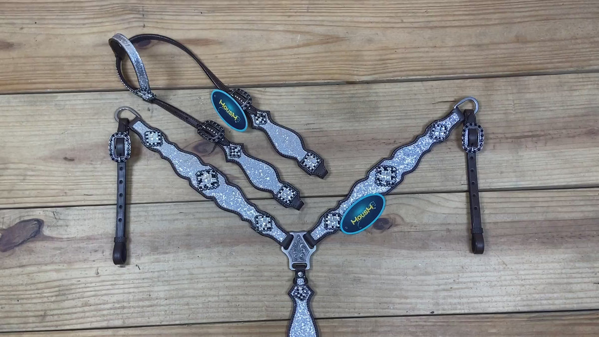 Silver Glitter Western Horse Tack with Bling Rhinestone Conchos