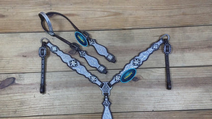 Silver Glitter Western Horse Tack with Bling Rhinestone Conchos