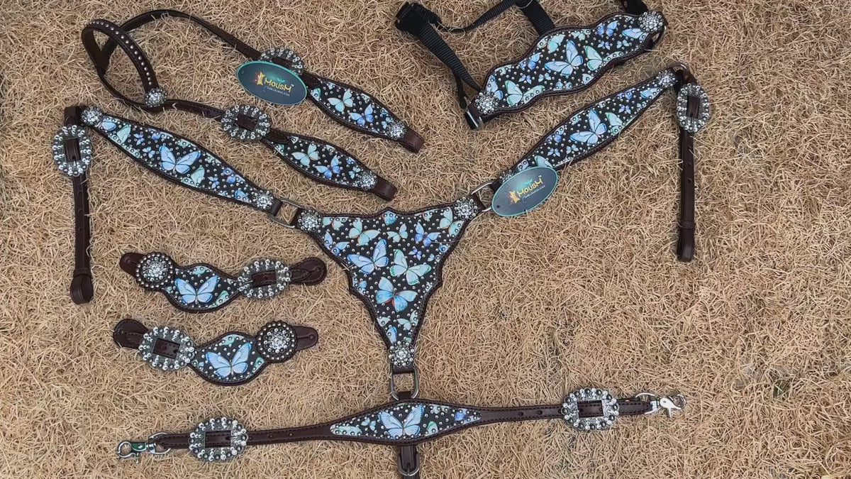 Blue and Turquoise Butterflies Print Western Horse Tack Set
