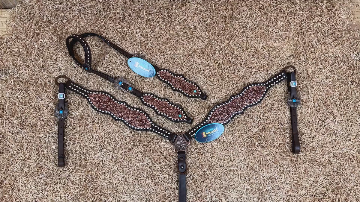 Hand Tooled Flower Carving Horse Bridle One Ear Headstall Tack Set