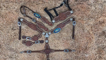 MOUSM Argentina Cow Leather Western Horse Tack Set – One Ear Headstall &amp; Breast Collar, Bronc Halter, Wither &amp; Spur Straps with Hand-Tooled Sunflower Carving &amp; White Buck Stitching