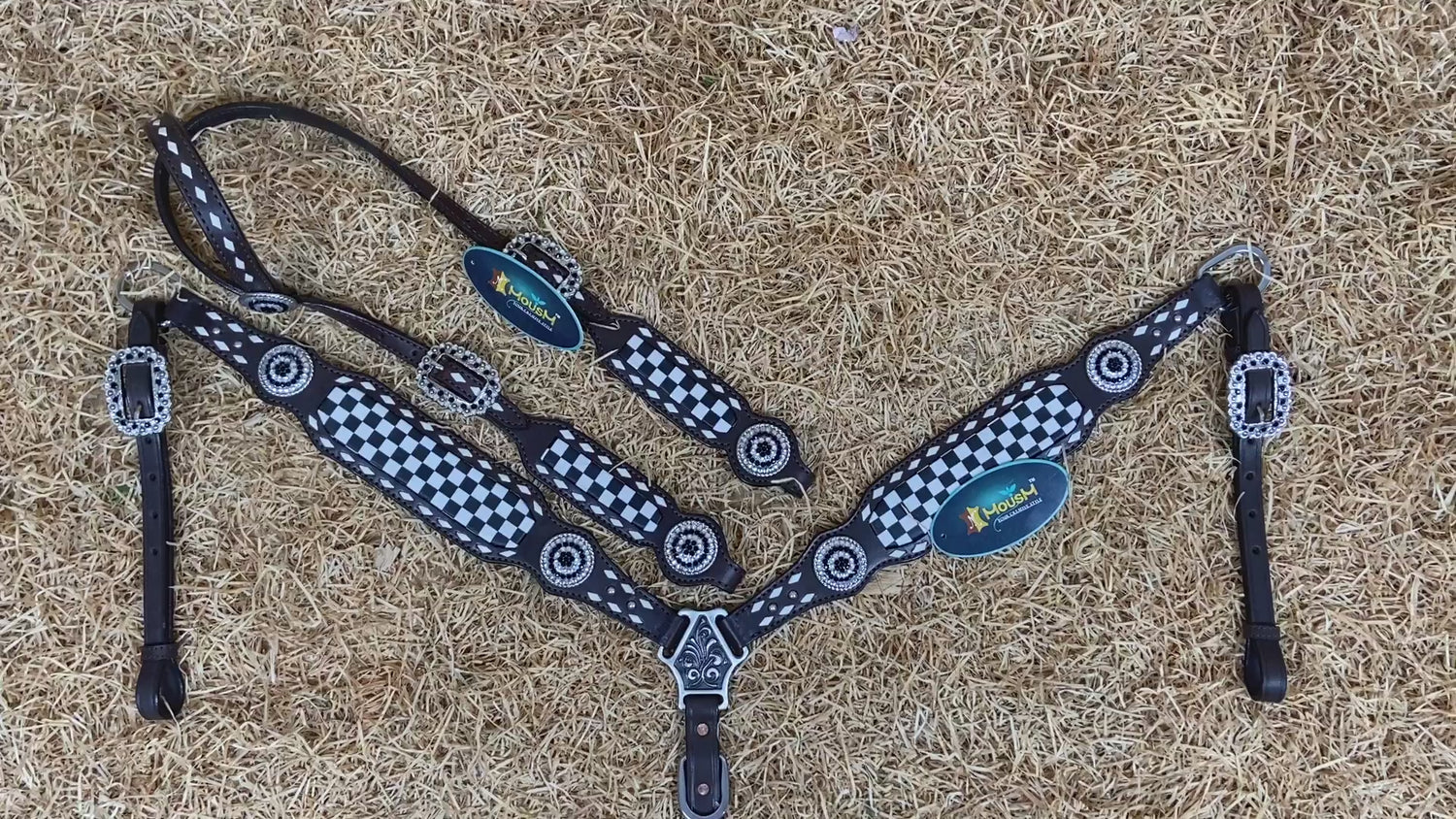 MOUSM Western Headstall &amp; Breast Collar Set – Decorated With Black And White Checkered Pattern, Buck Stitching and Dazzling Round Conchos, All Antique Nickel Hardware