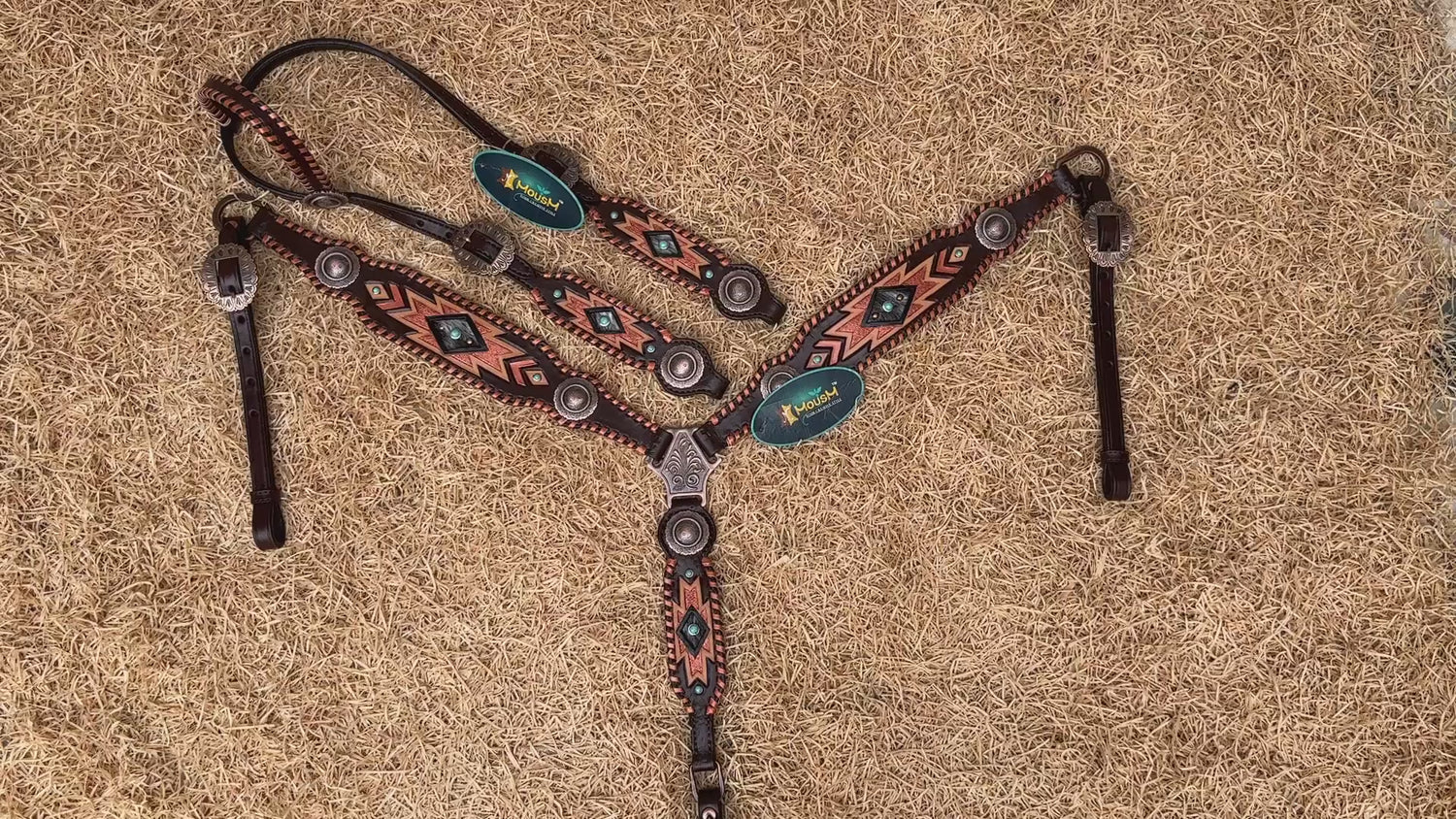 MOUSM Western Headstall and Breast Collar Set for Horse - Decorated with Southwest Hand Carving, Buck Stitching &amp; Surrounded with Nickel Hardware
