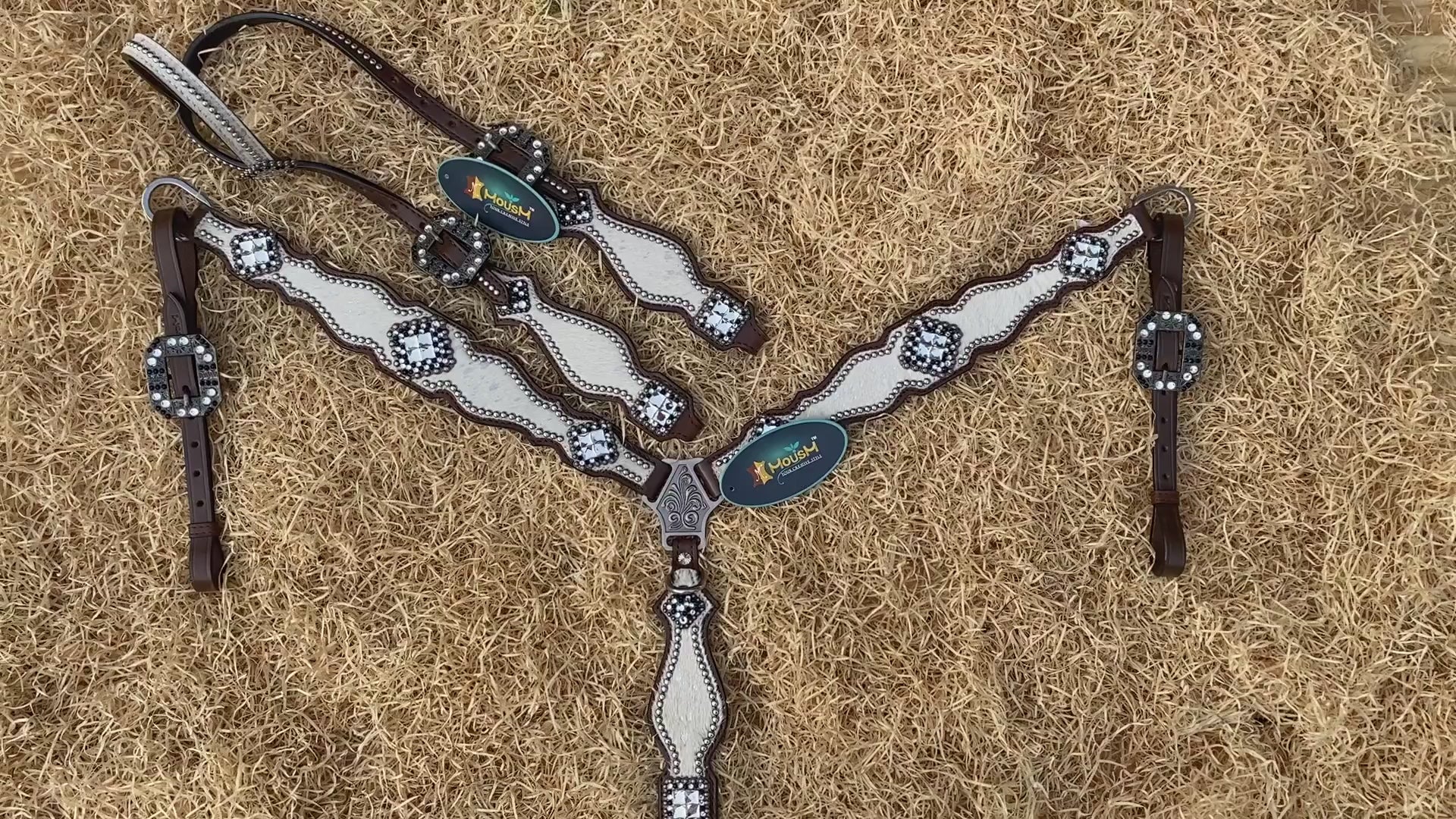 MOUSM Valentine Day Western Headstall and Breast Collar Set - Decorated with White Silver Metallic Acid Wash Cowhide Finish