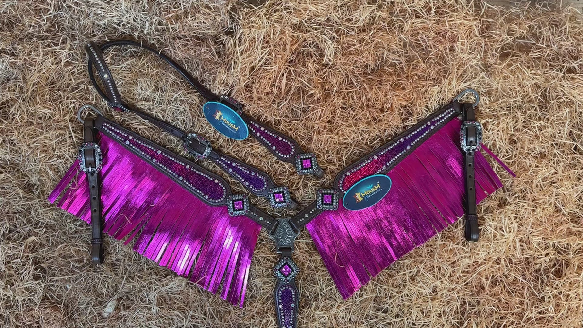 Holographic Pink Texture with Metallic Fringe Headstall Tack Set