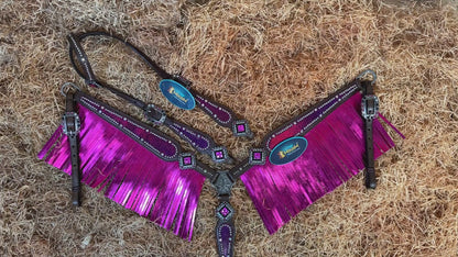 Holographic Pink Texture with Metallic Fringe Headstall Tack Set