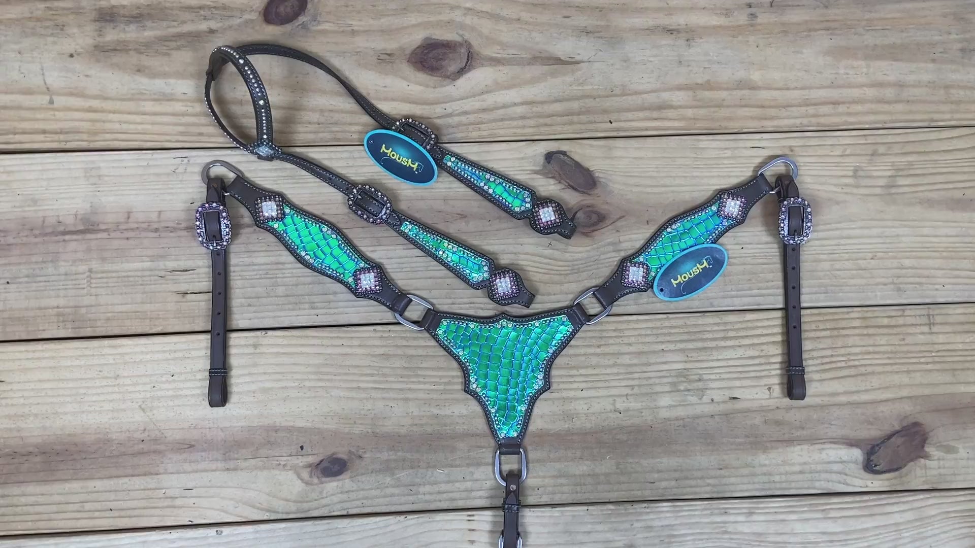 gladiator style western breast collar with silver studs and alligator skin texture leather