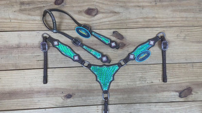 gladiator style western breast collar with silver studs and alligator skin texture leather