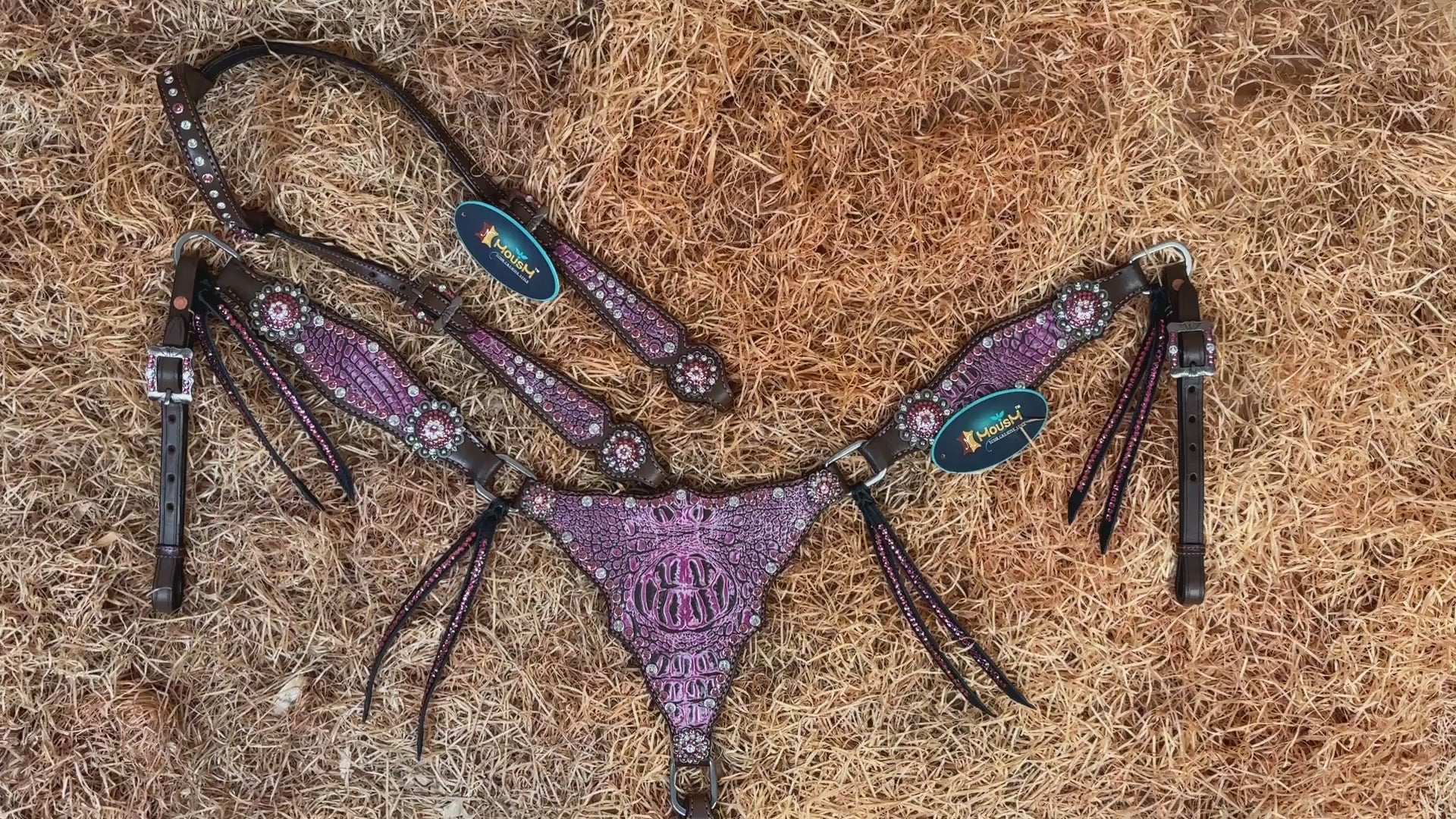 MOUSM Western Headstall and Breast Collar Set - Argentina Cow Leather Western Horse Tack Set Gladiator Style Breast Collar Decorated with Pink Alligator Skin Texture, Pink-White Rhinestones Rivets