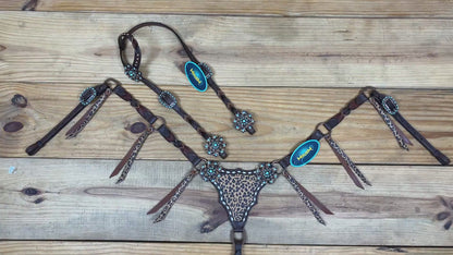 Western Leather Headstall and Breast Collar tack Set decorated with Leopard Print having cress cross braiding with leopard laces