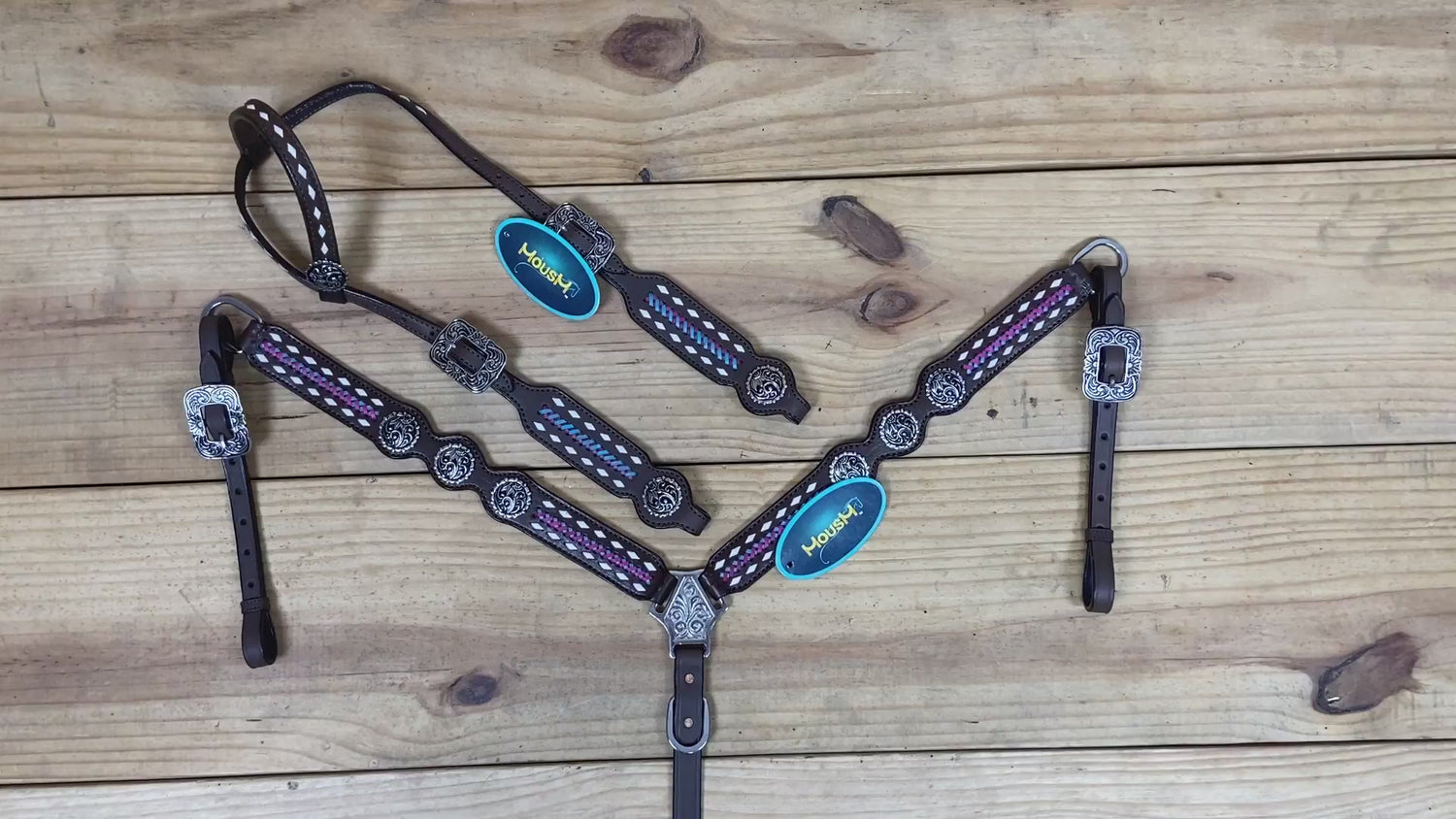 Western one ear headstall with rawhide buck stitching and criss cross braided horse tack set