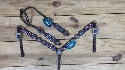 Western one ear headstall with rawhide buck stitching and criss cross braided horse tack set