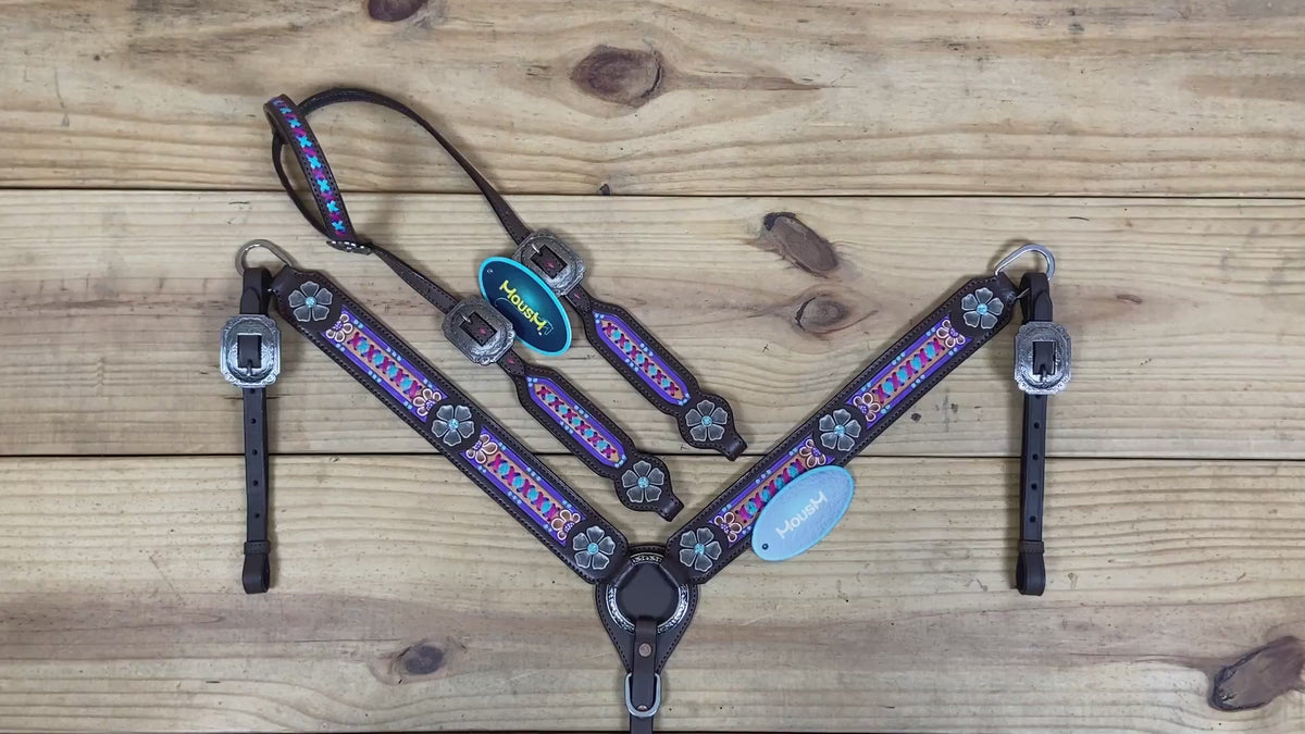 Western Leather Headstall &amp; Breast Collar Tack Set – Floral Conchos, Teal Pink Purple Criss-Cross Rawhide Braiding