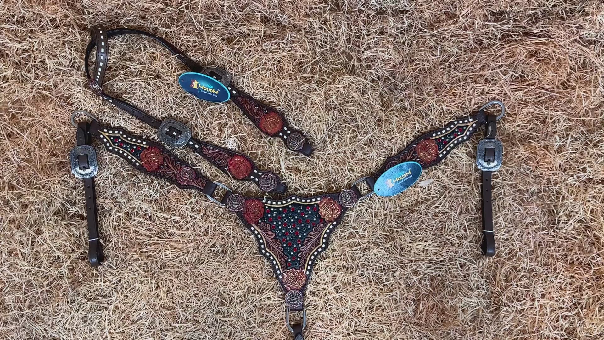 MOUSM Argentina Cow Leather Headstall &amp; Breast Collar Set – Western Bridle Tack Set Decorated with Rose Carving and Rose Hardware with Red Stone Overlay