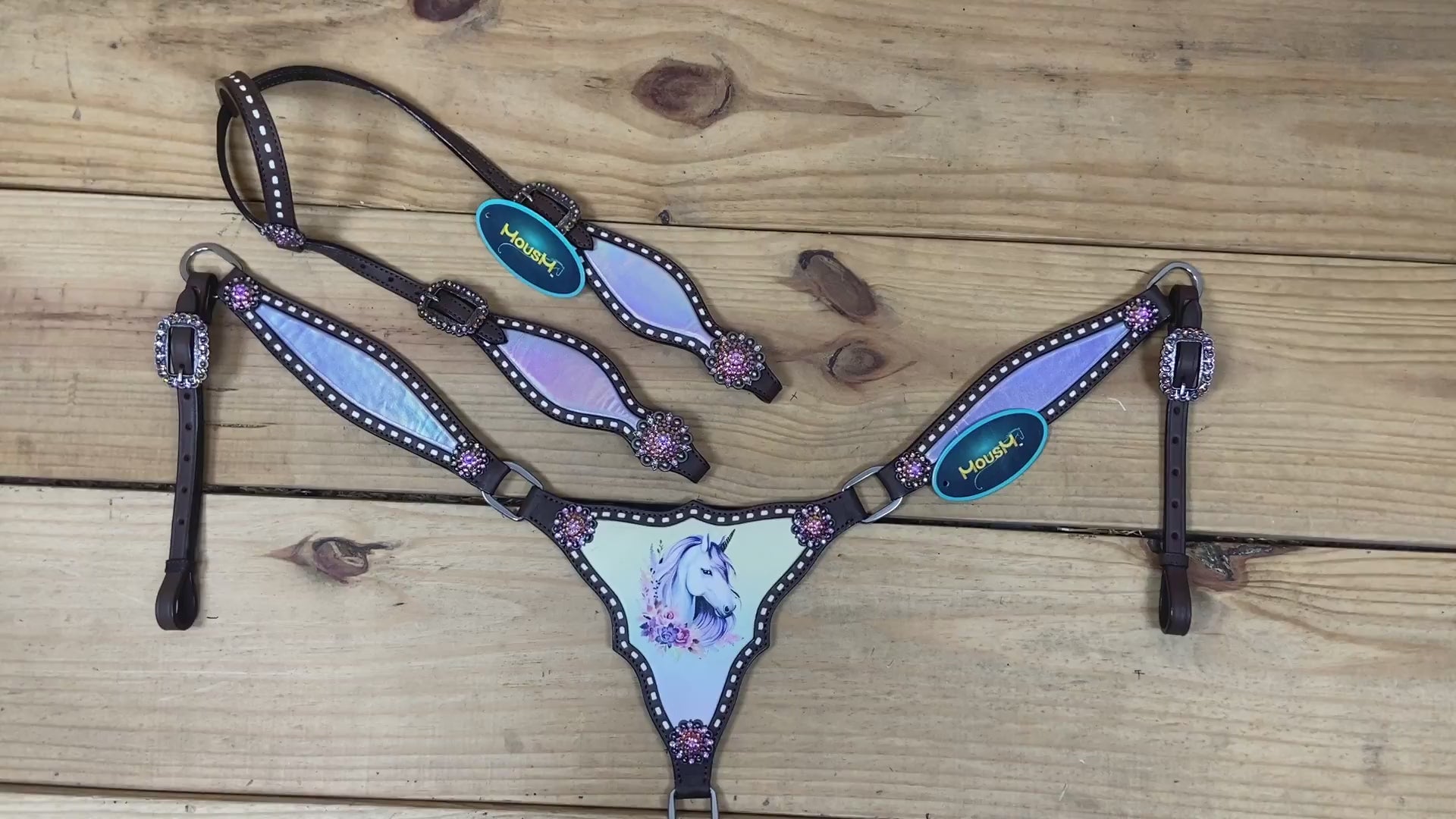 unicorn design headstall and gladiator breast collar with Holographic Leather and backstitching throughout the tack