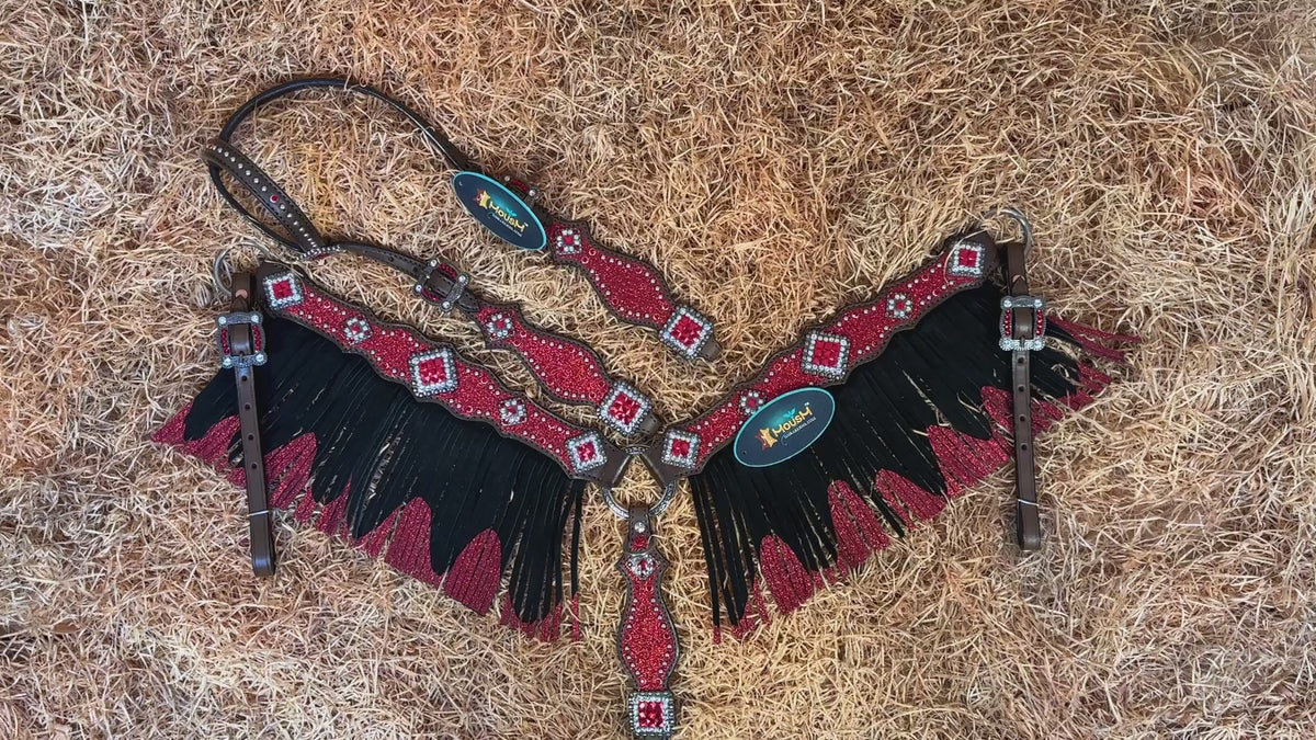 MOUSM Western Headstall and Breast Collar Tack Set Decorated with Red Glitter Inlay Surrounded by Silver Beads, Matching Red-White Glitter Stone Conchos and Buckles, and Red-Black Glittered Leather Fringe.