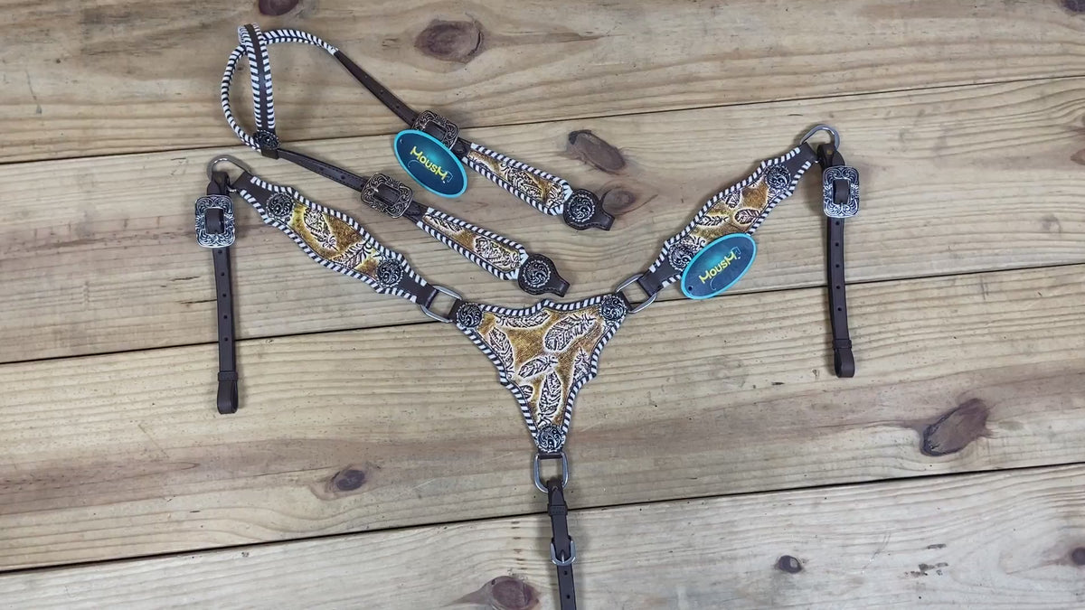 Western Leather Headstall &amp; Breast Collar Set – Antique Brown Feather Embossed Patches