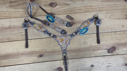 Western Leather Headstall &amp; Breast Collar Set – Antique Brown Feather Embossed Patches
