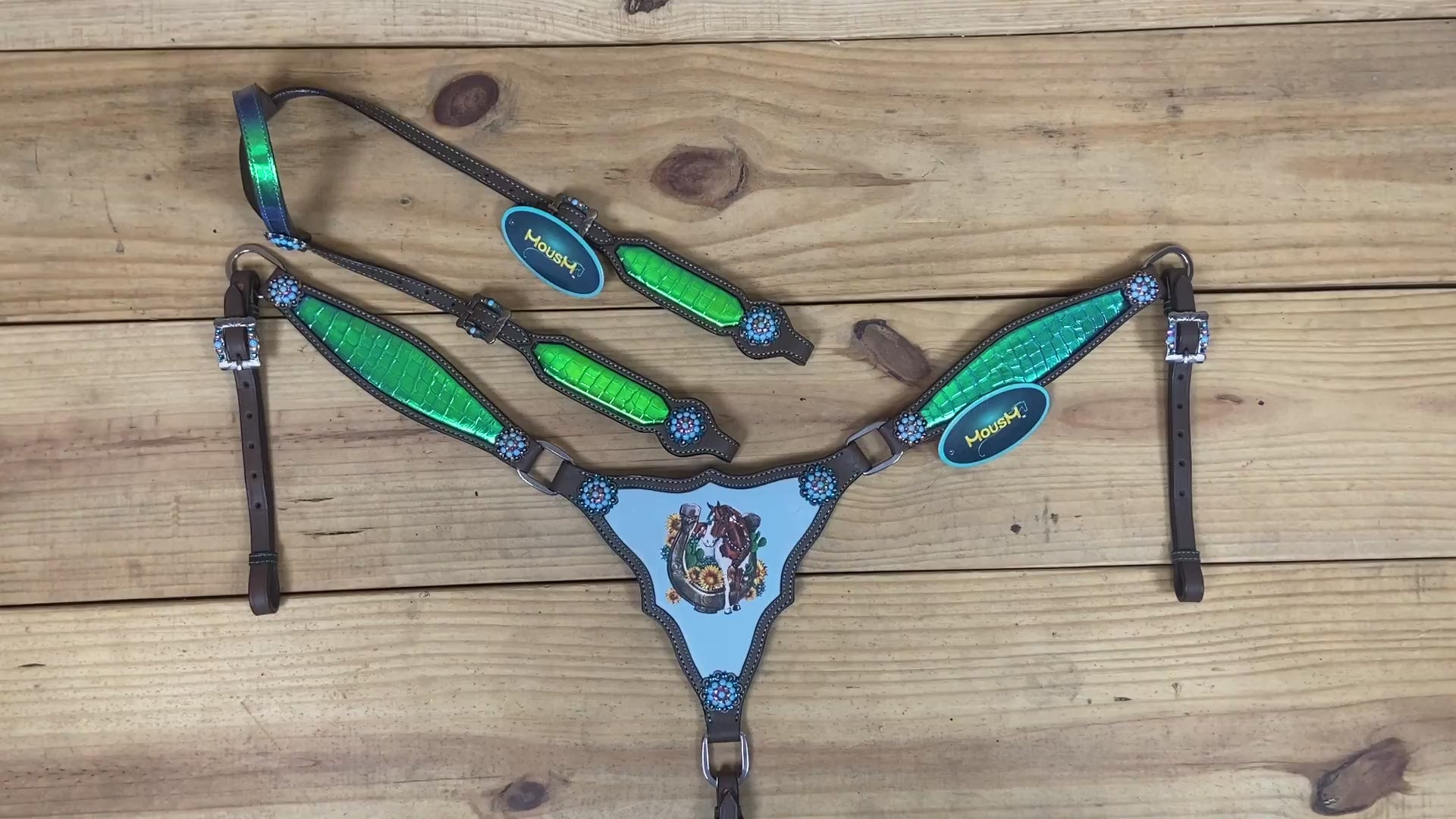 western headstall set with holographic alligator printed leather and horse shoe print on breast collar