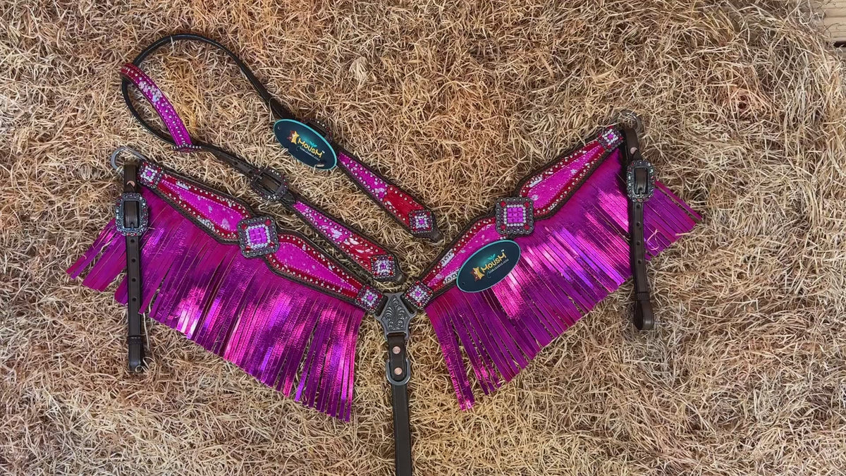 Red-Pink Cowhide Inlay &amp; Pink Leather Fringe Headstall Set