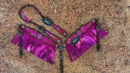 Red-Pink Cowhide Inlay &amp; Pink Leather Fringe Headstall Set