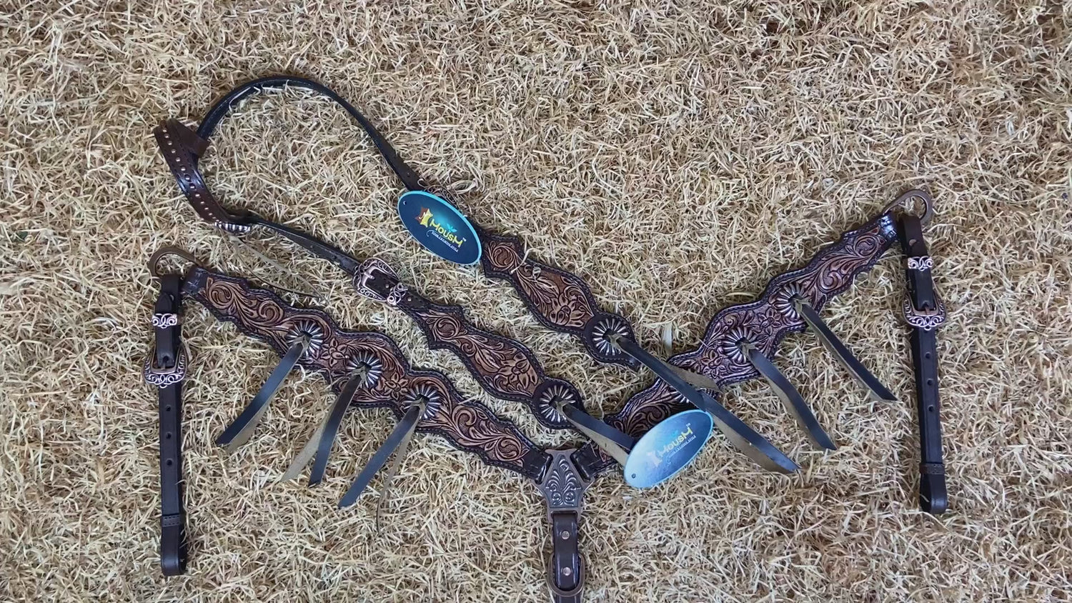 MOUSM Western Horse Headstall Set - Argentina Leather Tack Set Featuring with Flower Hand-Tooling and Mushroom Slot Concho with Roping